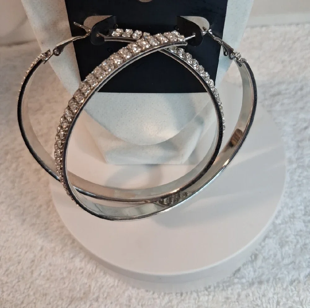Large Rhinestone Hoop Earrings - Silver Sparkle